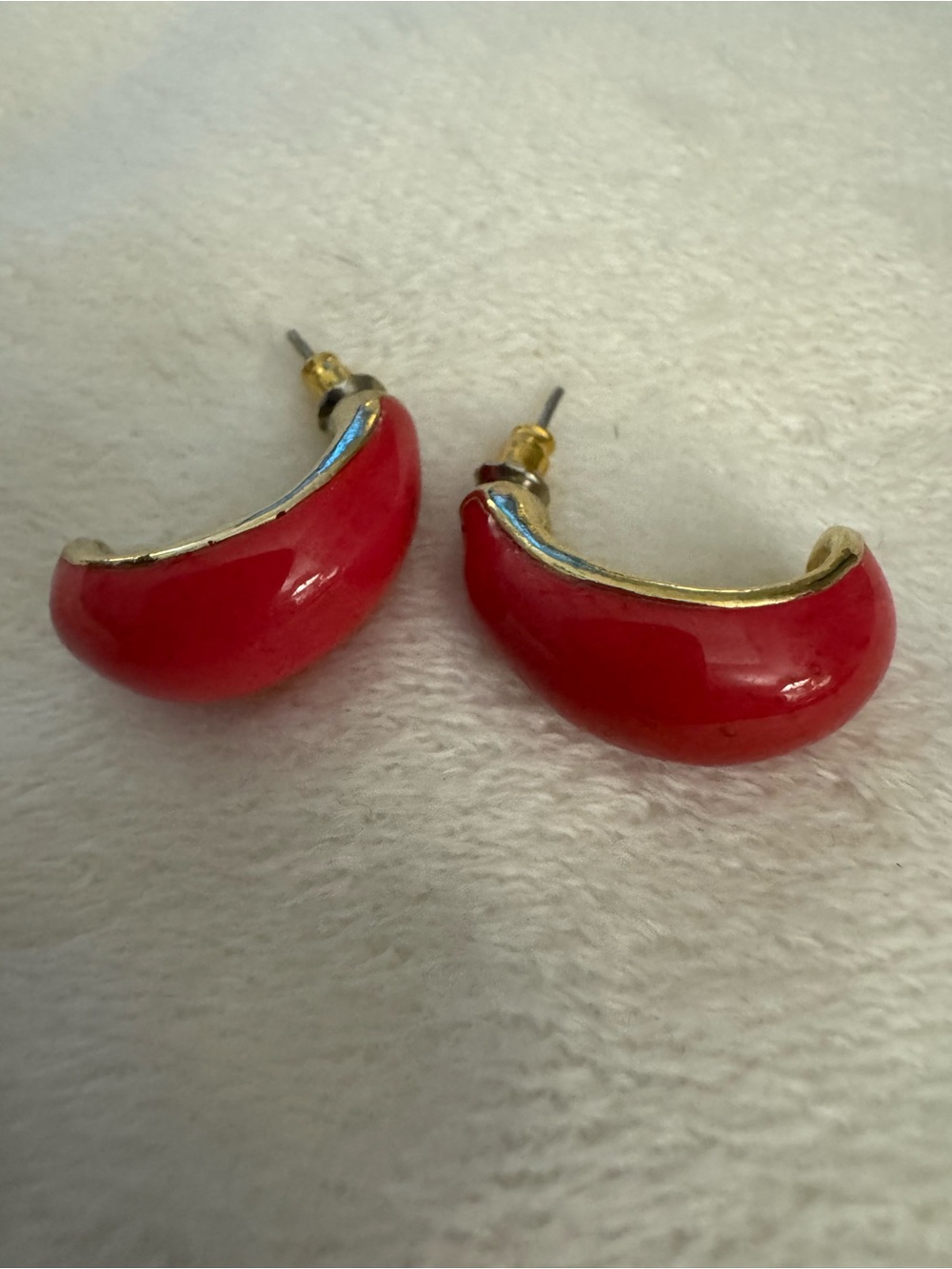 Red Crescent Hoop Earrings with Gold Trim